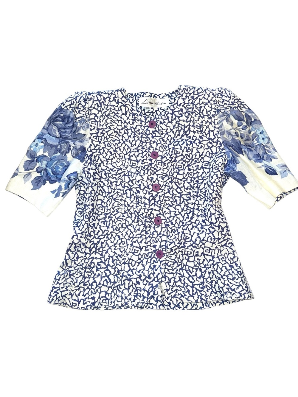 Lillie Rubin Vintage Blue & White Floral Linen Blend Button Front Blouse Sz 8